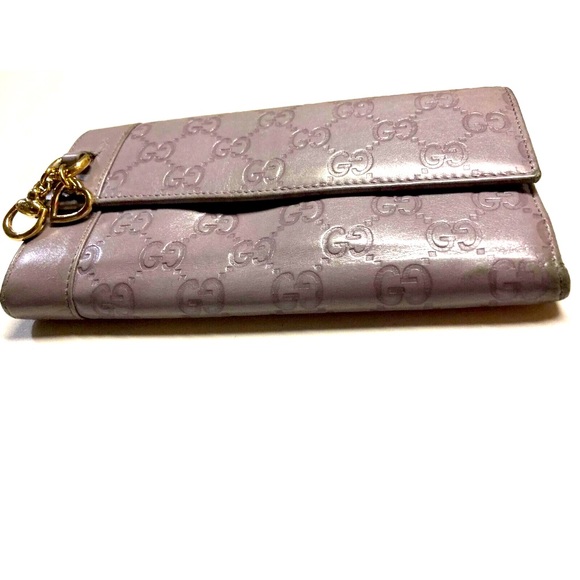 GUCCI VINTAGE HORSE BIT HEART CHARM GUCCISSIMA LEATHER LONG WALLET GRAY/LAVENDER - Picture 3 of 14